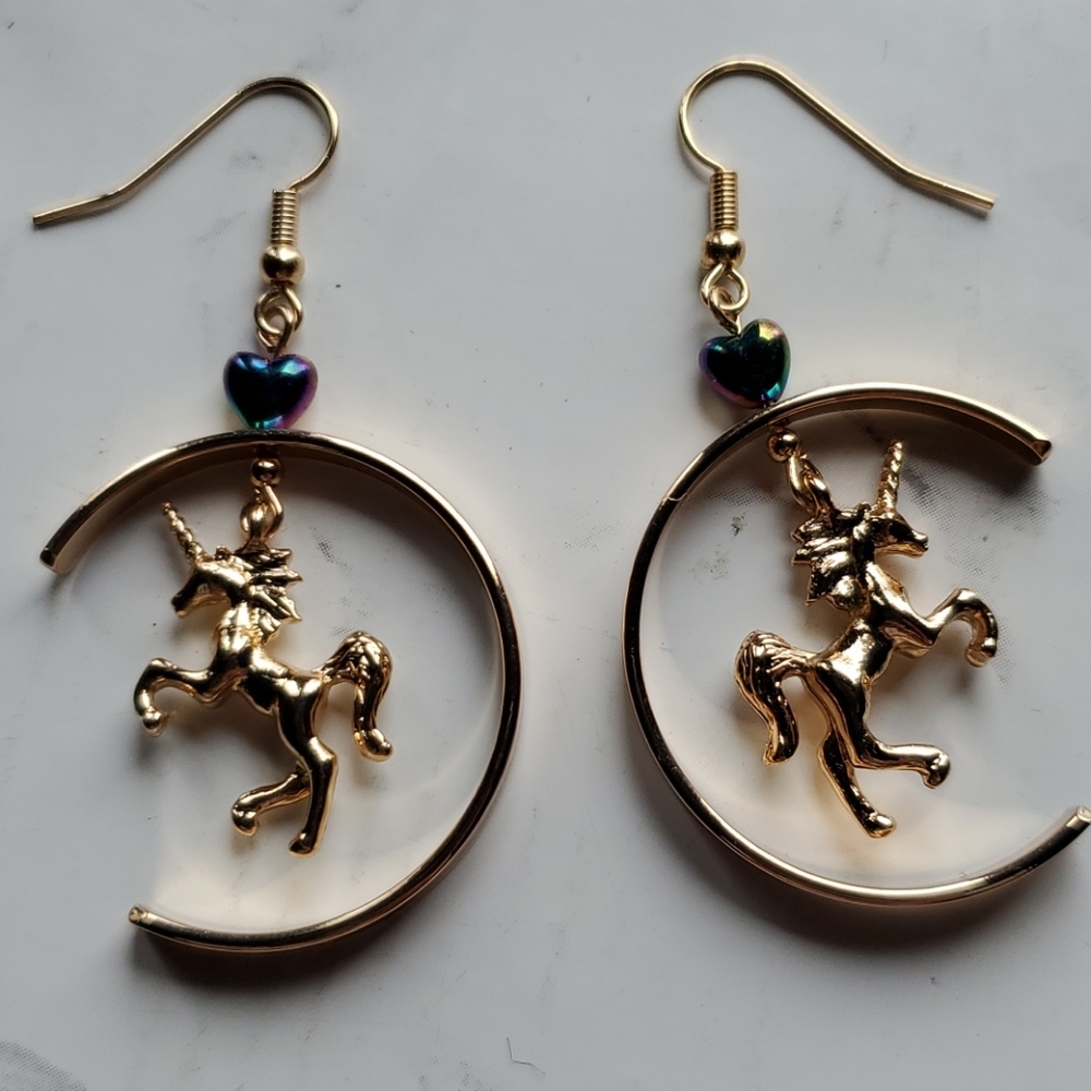 Unicorn heart semi hoop dangle gold tone earrings small little heart fish hook